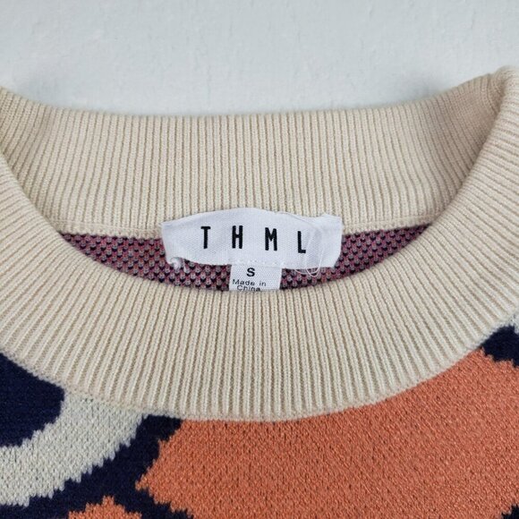 THML Flower Power Retro Sweater Womens Small Cream Colorful Long Sleeve Knit - Picture 5 of 10